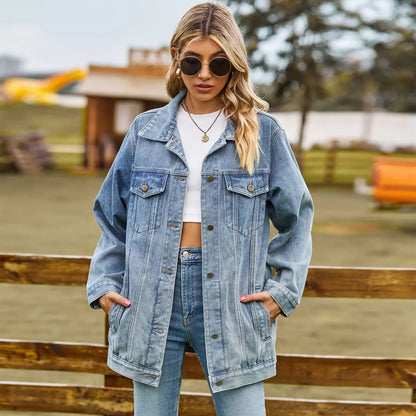 LVSANW 2024 Autumn Winter Classic Versatile Denim Jacket for Women Fashion Loose Mid Length Jeans Coat Casual Female Clothing S-2XL