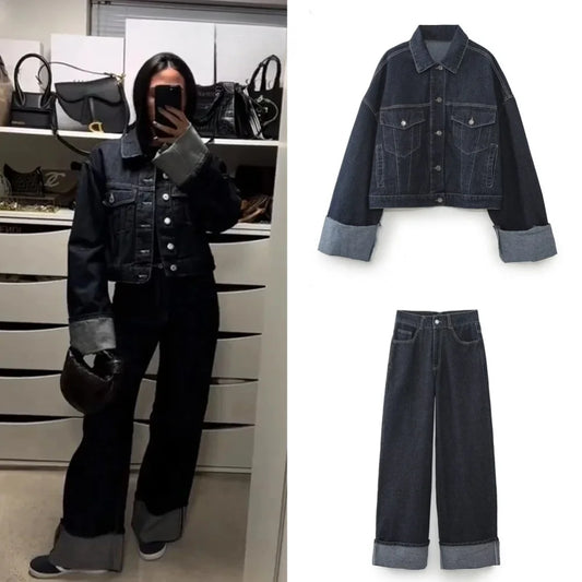 LVSANW 2024 Autumn Women Turn-Down Collar Chic Casual Loose Top Short Denim Jacket + Crimping Wide-leg Jean 2 Piece Set Suit