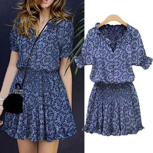 LVSANW 2024 Boho Casual Women Summer Dress V Neck Floral Print Chiffon Beach Dress Tunic Sundress Loose Mini Party Dress Vestidos