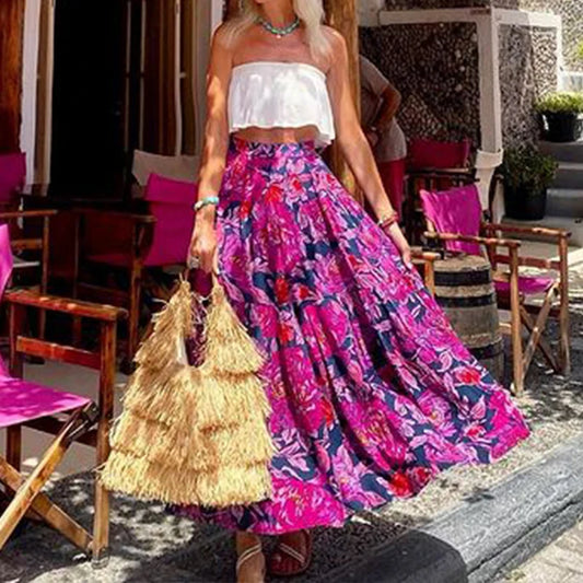 LVSANW 2024 Casual Elastic High Waist Swing Pleated Skirts Elegant Women Vacation Beach Long Skirts Summer Printed Bohemian Half Skirt