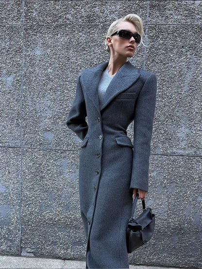 LVSANW 2024 Chic Grey Single Breasted Full Sleeve Wool Jackets Women's Casual Slim Fit Lapel Pockets Coat Female High Street Outerwears