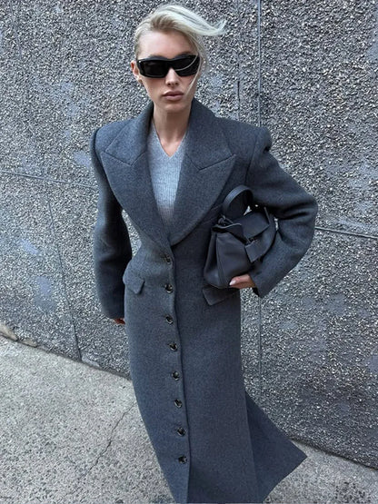 LVSANW 2024 Chic Grey Single Breasted Full Sleeve Wool Jackets Women's Casual Slim Fit Lapel Pockets Coat Female High Street Outerwears