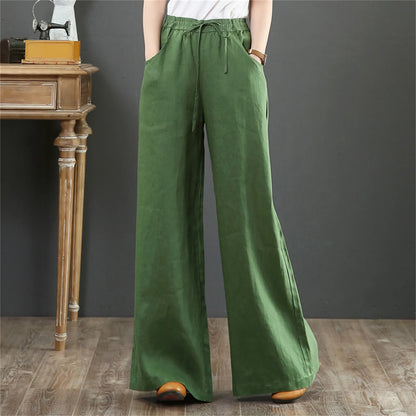 LVSANW 2024 Cotton Linen Wide Leg Pants Big Size Trousers Women Summer Elastic Waist Casual Ankle-length Pantalones Baggy Sweatpant