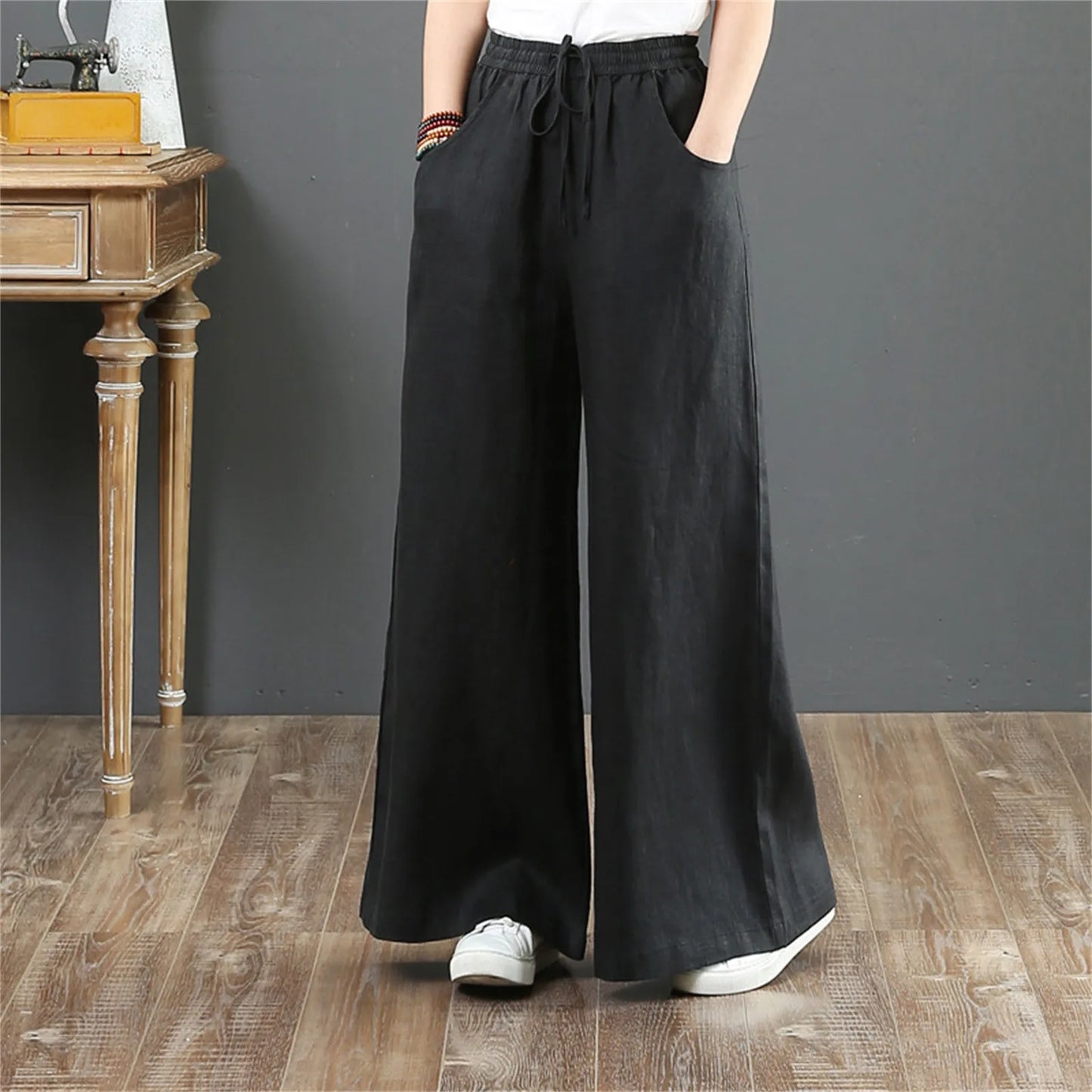 LVSANW 2024 Cotton Linen Wide Leg Pants Big Size Trousers Women Summer Elastic Waist Casual Ankle-length Pantalones Baggy Sweatpant