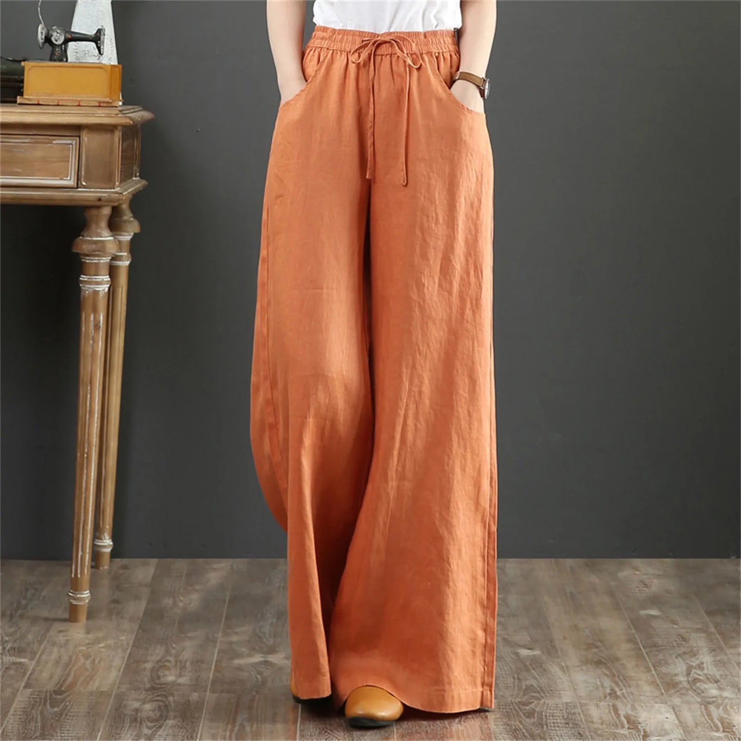 LVSANW 2024 Cotton Linen Wide Leg Pants Big Size Trousers Women Summer Elastic Waist Casual Ankle-length Pantalones Baggy Sweatpant