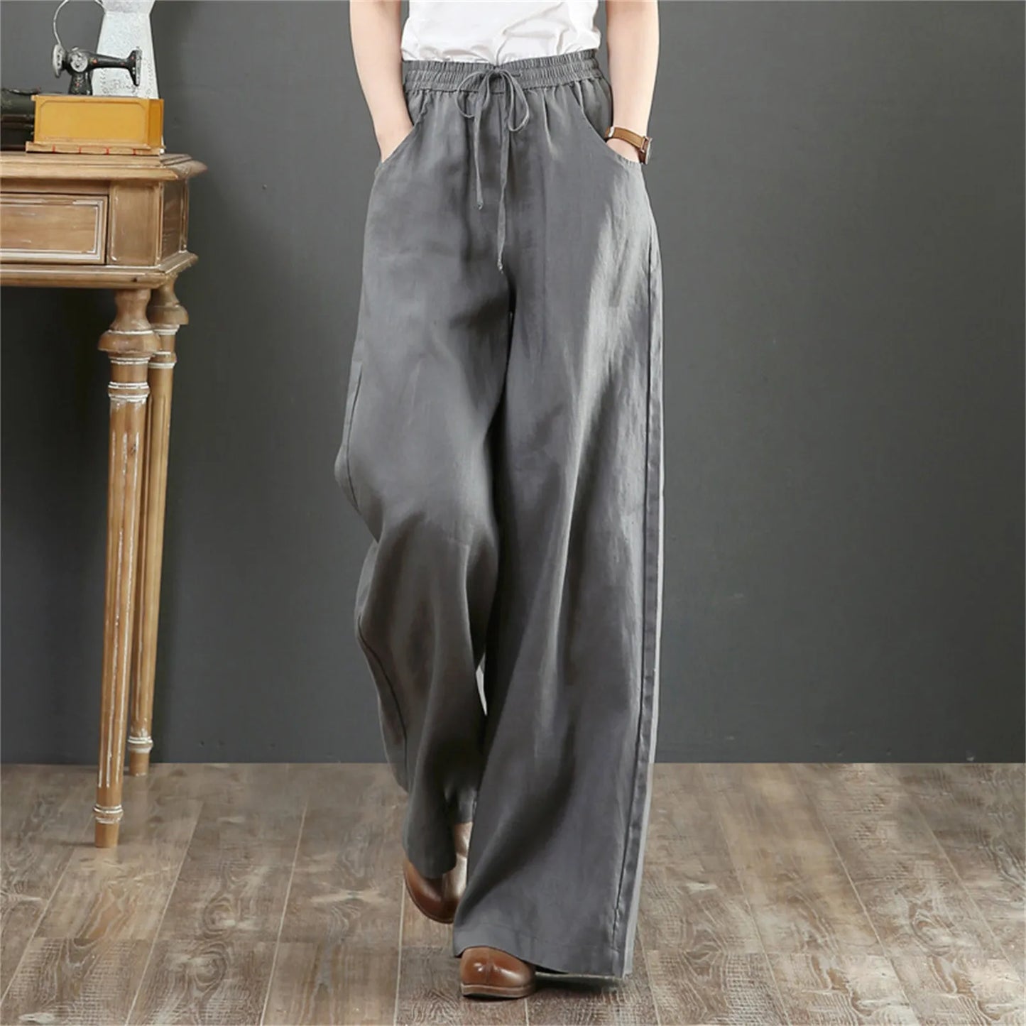 LVSANW 2024 Cotton Linen Wide Leg Pants Big Size Trousers Women Summer Elastic Waist Casual Ankle-length Pantalones Baggy Sweatpant