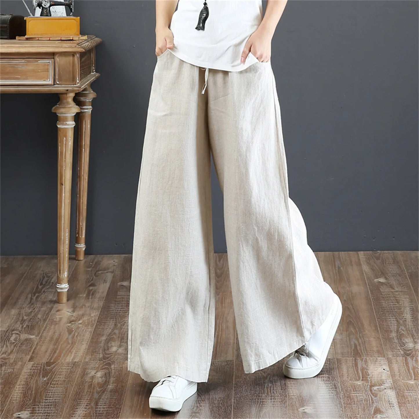 LVSANW 2024 Cotton Linen Wide Leg Pants Big Size Trousers Women Summer Elastic Waist Casual Ankle-length Pantalones Baggy Sweatpant