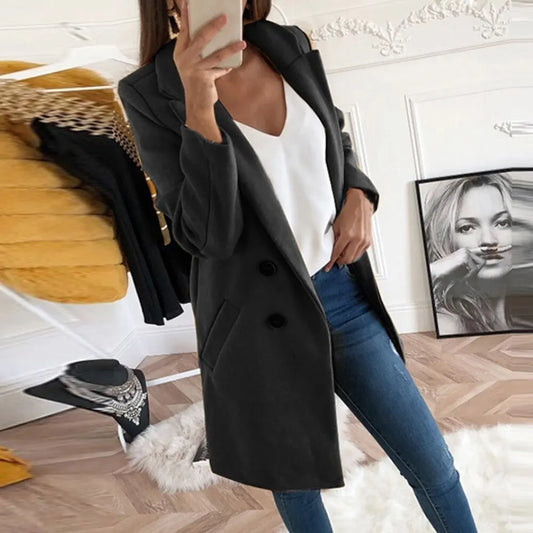 LVSANW 2024 European and American New Solid Color Lapel Mid length Button Woolen Coat for Women