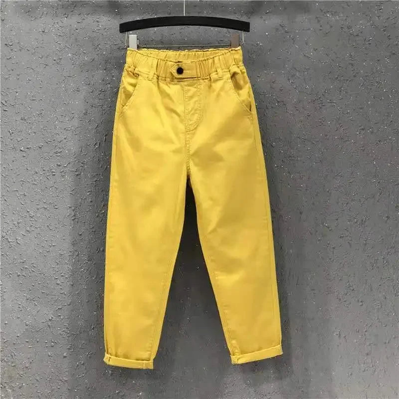 LVSANW 2024 Fashion Summer Women Harem Pants All-matched Casual Cotton Denim Pants Elastic Waist Solid Yellow White Jeans Female 3XL