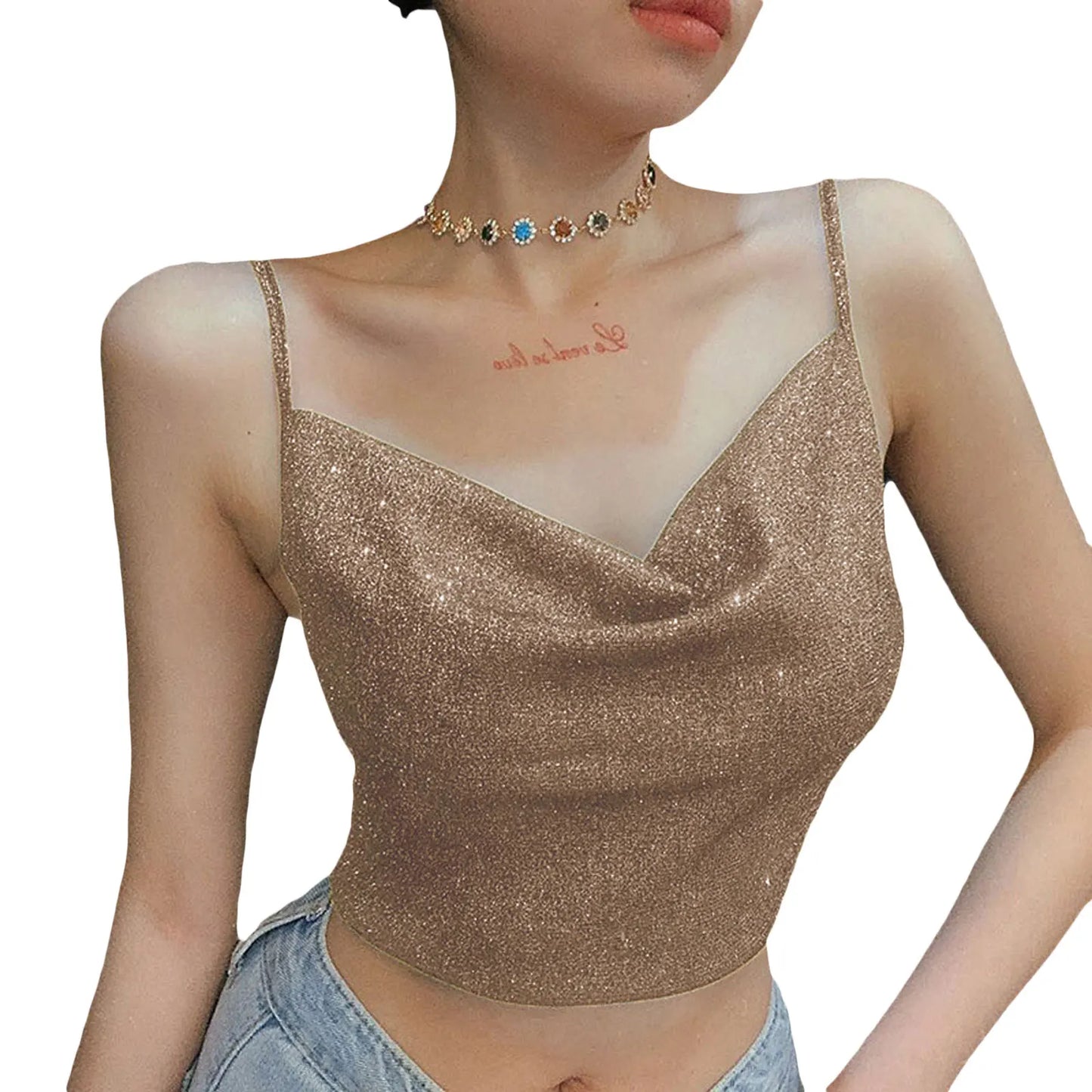 LVSANW 2024 Fashion Women Summer Shiny Spaghetti Camis Crop Top Black Straps Low Cut V-Neck Form-Fitting Tank Top for Girls Streetwear