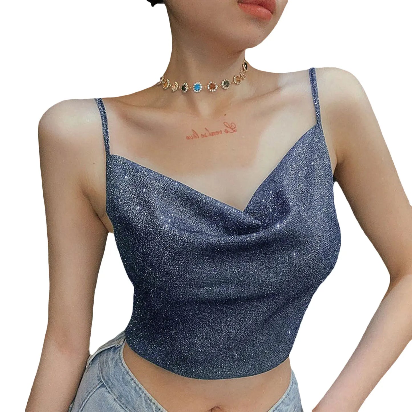 LVSANW 2024 Fashion Women Summer Shiny Spaghetti Camis Crop Top Black Straps Low Cut V-Neck Form-Fitting Tank Top for Girls Streetwear