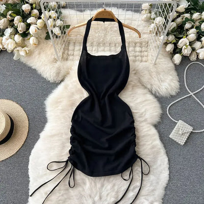 LVSANW 2024 Fashion Y2K Solid Knitted Women Dress Sexy Halter Backless Slim Elastic Bodycon Summer Short MiniDress Streetwear Vestidos