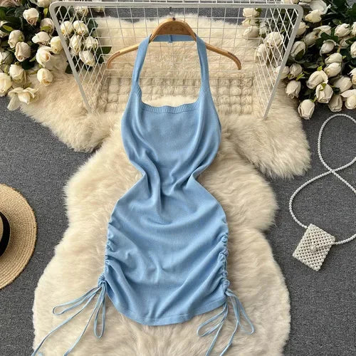 LVSANW 2024 Fashion Y2K Solid Knitted Women Dress Sexy Halter Backless Slim Elastic Bodycon Summer Short MiniDress Streetwear Vestidos