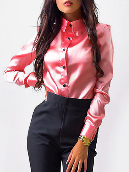 LVSANW 2024 Female New Spring and Autumn Clothing Girls' Satin Shirt Long Sleeve Collar Button Top Women's Minimalist Commuter Wear