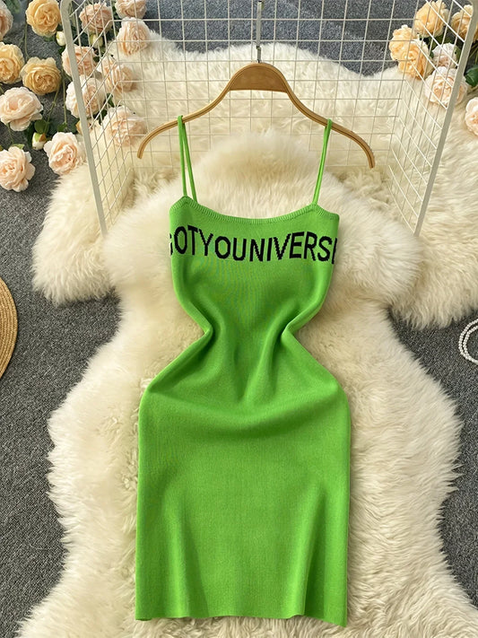 LVSANW 2024 Green Summer Letter Print Cami Dress Casual Sleeveless Bodycon Spaghetti Dress Women's Clothing Outfits Short Sundress