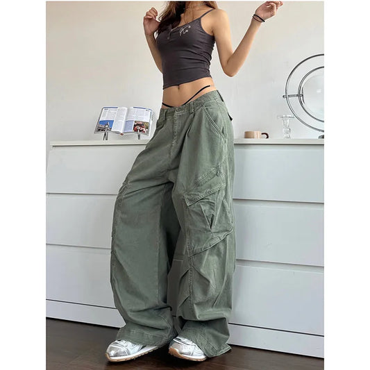 LVSANW 2024 NEW Green Jeans for Women High Quality High Waist American Wide Leg Pants Solid Y2K Vintage Straight Summer Trousers