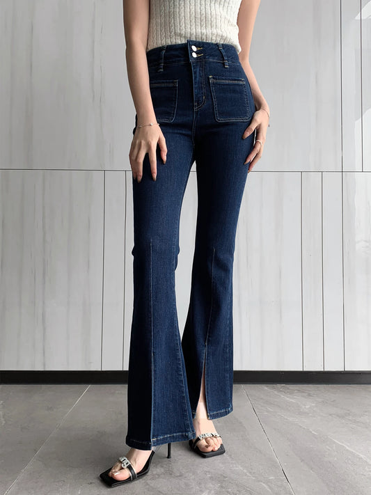 LVSANW 2024 NEW HIGH WAISTED VINTAGE DARK BLUE JEANS FOR WOMEN CASUAL HIGH STRETCH SPLIT DESIGH SLIM FLARE PANTS - FORGUNROSES