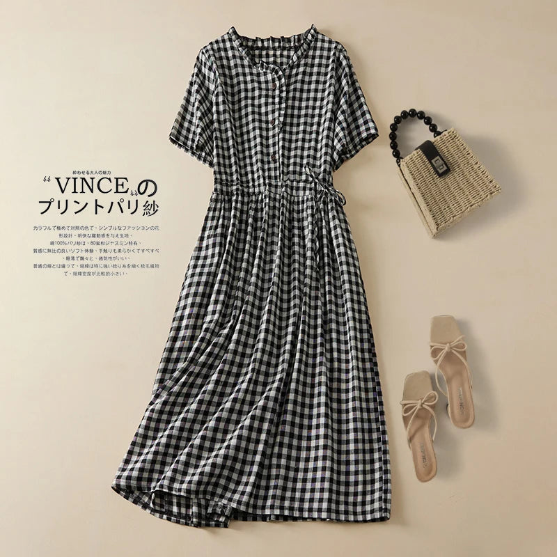 LVSANW 2024 New Arrival Thin Cotton Blend Fashion Plaid Summer Dress Draw String Office Lady Work Dress Women Travel Casual Midi Dress