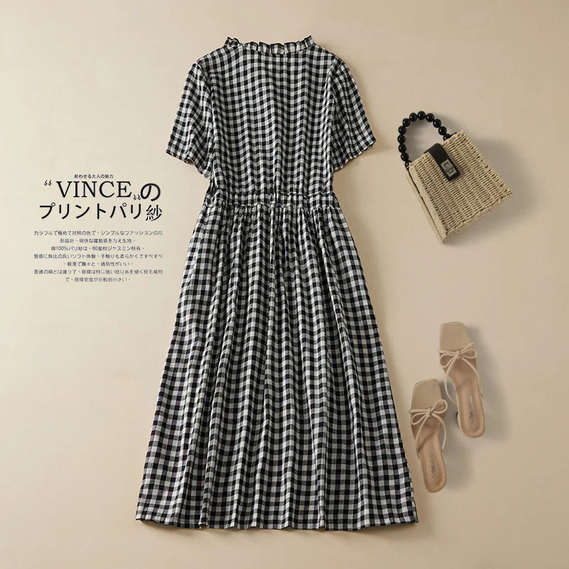 LVSANW 2024 New Arrival Thin Cotton Blend Fashion Plaid Summer Dress Draw String Office Lady Work Dress Women Travel Casual Midi Dress