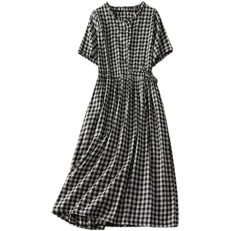 LVSANW 2024 New Arrival Thin Cotton Blend Fashion Plaid Summer Dress Draw String Office Lady Work Dress Women Travel Casual Midi Dress