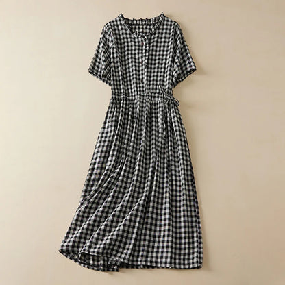 LVSANW 2024 New Arrival Thin Cotton Blend Fashion Plaid Summer Dress Draw String Office Lady Work Dress Women Travel Casual Midi Dress