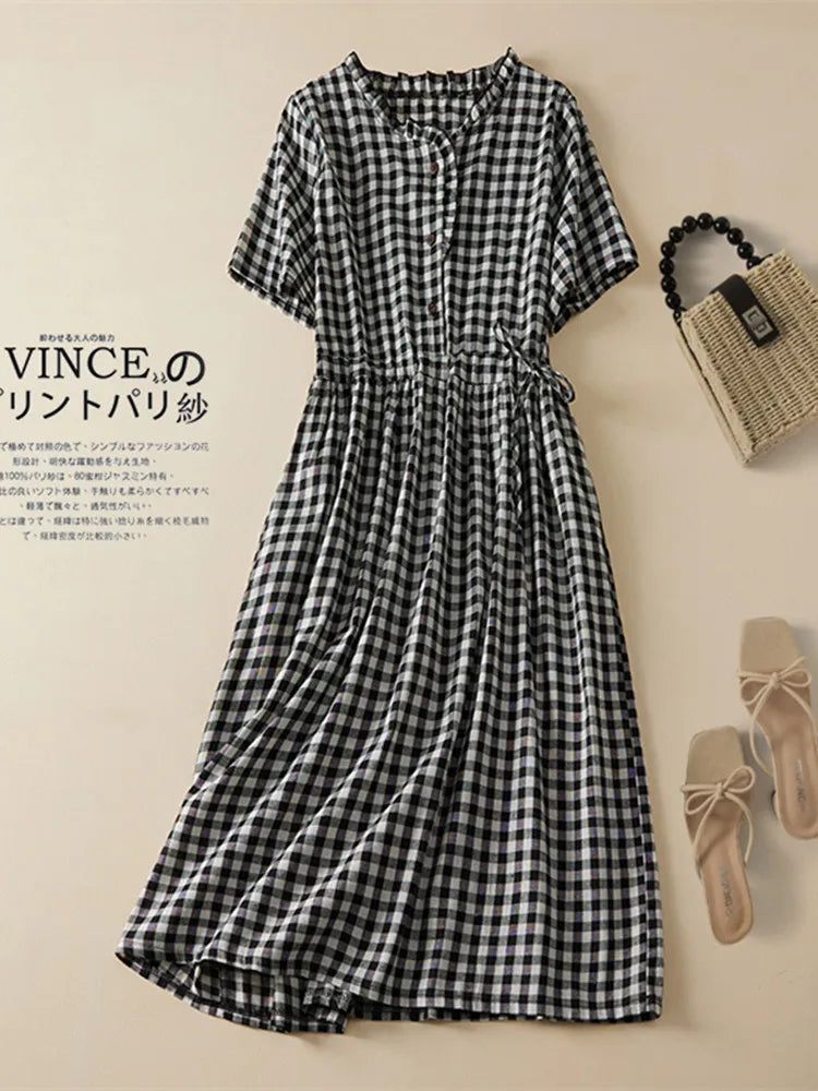 LVSANW 2024 New Arrival Thin Cotton Blend Fashion Plaid Summer Dress Draw String Office Lady Work Dress Women Travel Casual Midi Dress