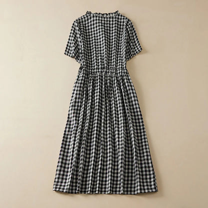 LVSANW 2024 New Arrival Thin Cotton Blend Fashion Plaid Summer Dress Draw String Office Lady Work Dress Women Travel Casual Midi Dress