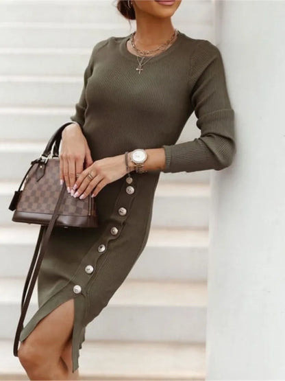 LVSANW 2024 New Autumn Winter Knitted Dress Long-sleeved Round Neck Slit Button Dress Fashion Sexy Tight Temperament Knitted Dress