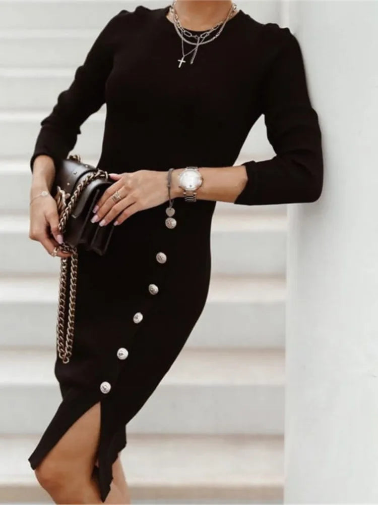 LVSANW 2024 New Autumn Winter Knitted Dress Long-sleeved Round Neck Slit Button Dress Fashion Sexy Tight Temperament Knitted Dress