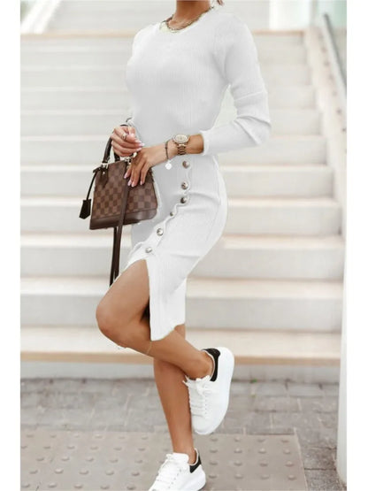 LVSANW 2024 New Autumn Winter Knitted Dress Long-sleeved Round Neck Slit Button Dress Fashion Sexy Tight Temperament Knitted Dress