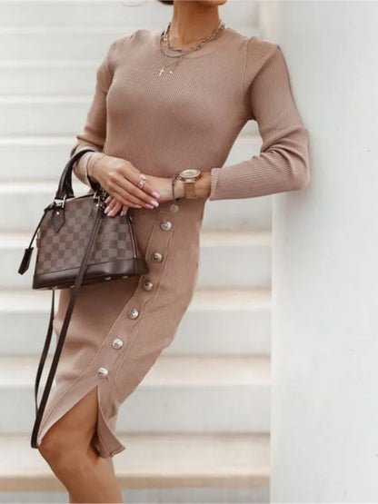 LVSANW 2024 New Autumn Winter Knitted Dress Long-sleeved Round Neck Slit Button Dress Fashion Sexy Tight Temperament Knitted Dress