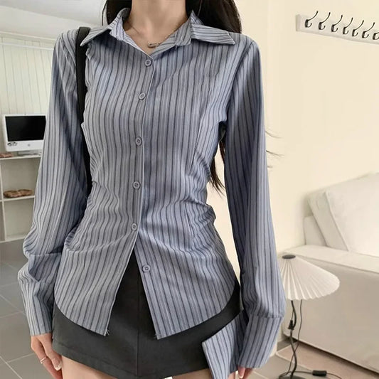 LVSANW 2024 New Blue Striped Long Sleeve Shirt Jacket Women's Spring Autumn Design Sensibility Nicheslims Smooths Your Silhouette Slimm