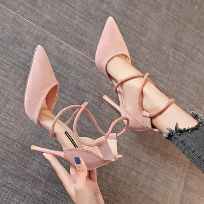 LVSANW 2024 New Cross-strap Roman Sandals Suede High Heels Women's Shoes One-line Buckle Fine Heel Pointed Sandals Zapatos De Mujer