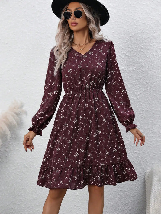 LVSANW 2024 New Design Women's Dress Small V-neck Knee Length Dress Lace Long Sleeves Small Fresh Countryside Style