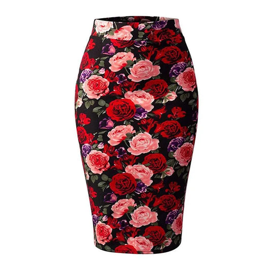 LVSANW New European Red Rose Flower Print Summer Women Pencil Skirts Lady Midi Saias Female Black Faldas Girls Slim Bottoms S-2XL