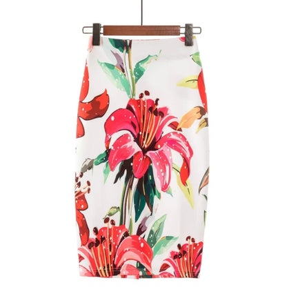 LVSANW 2024 New European Red Rose Flower Print Summer Women Pencil Skirts Lady Midi Saias Female Black Faldas Girls Slim Bottoms S-2XL