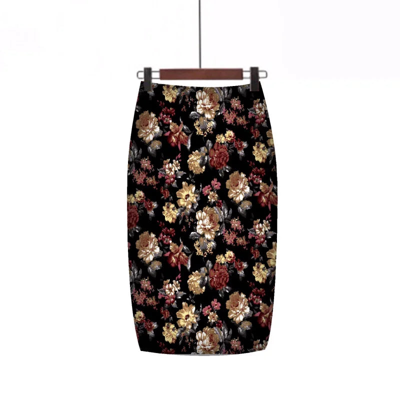 LVSANW 2024 New European Red Rose Flower Print Summer Women Pencil Skirts Lady Midi Saias Female Black Faldas Girls Slim Bottoms S-2XL