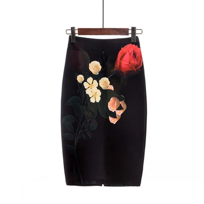 LVSANW 2024 New European Red Rose Flower Print Summer Women Pencil Skirts Lady Midi Saias Female Black Faldas Girls Slim Bottoms S-2XL