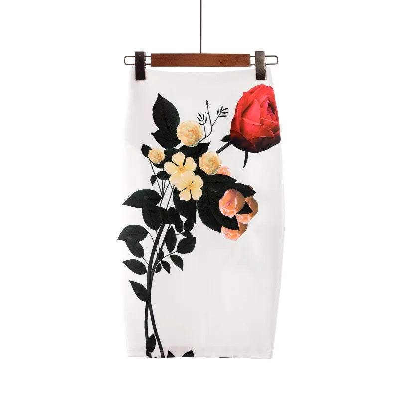 LVSANW 2024 New European Red Rose Flower Print Summer Women Pencil Skirts Lady Midi Saias Female Black Faldas Girls Slim Bottoms S-2XL