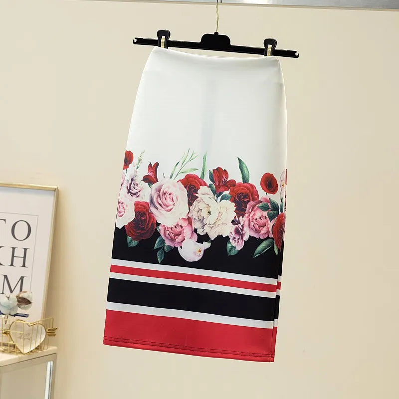 LVSANW 2024 New European Red Rose Flower Print Summer Women Pencil Skirts Lady Midi Saias Female Black Faldas Girls Slim Bottoms S-2XL