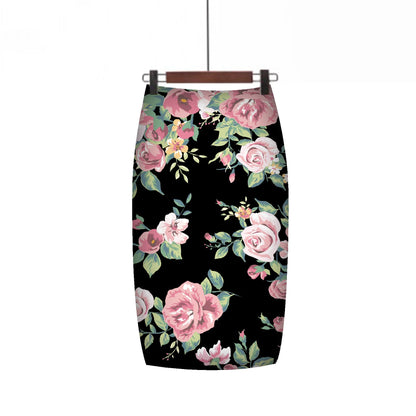 LVSANW 2024 New European Red Rose Flower Print Summer Women Pencil Skirts Lady Midi Saias Female Black Faldas Girls Slim Bottoms S-2XL