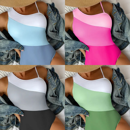 LVSANW 2024 New European and American One-shoulder Color-blocking High-waisted One-piece Bikini Swimwear Women Swimsuit