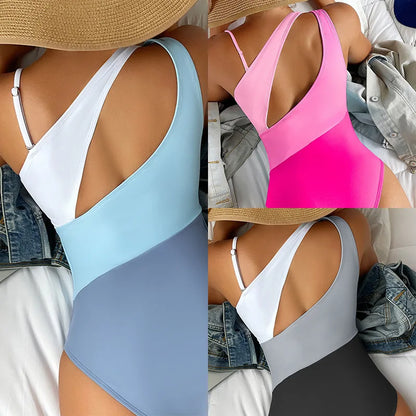 LVSANW 2024 New European and American One-shoulder Color-blocking High-waisted One-piece Bikini Swimwear Women Swimsuit