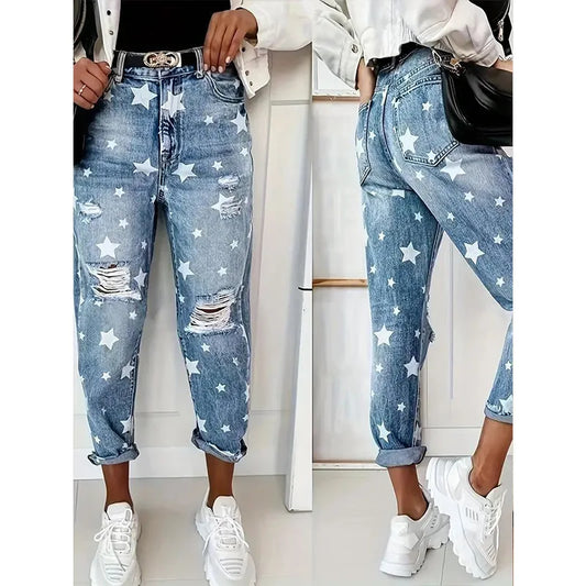 LVSANW 2024 New European and American Slim Fit Star Pattern Jeans