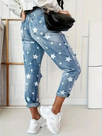 LVSANW 2024 New European and American Slim Fit Star Pattern Jeans