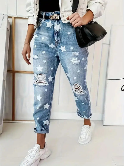 LVSANW 2024 New European and American Slim Fit Star Pattern Jeans