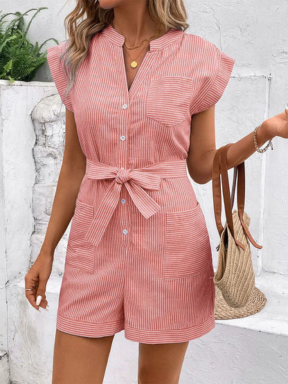 LVSANW 2024 New European and American Summer Women's Cross border Fine Stripe Short Sleeve jumpsuit shorts