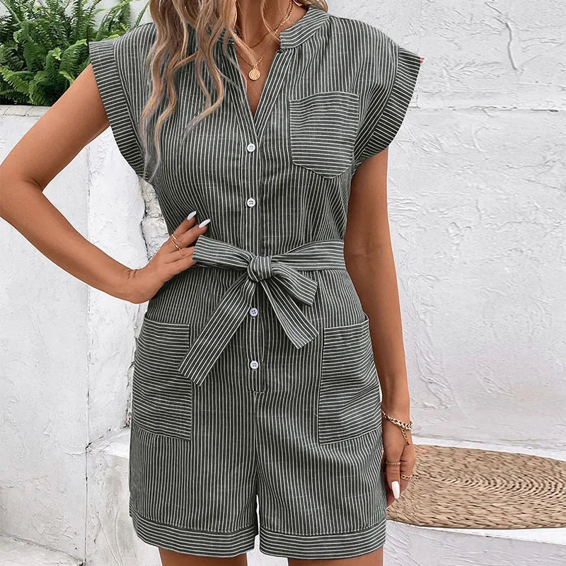 LVSANW 2024 New European and American Summer Women's Cross border Fine Stripe Short Sleeve jumpsuit shorts