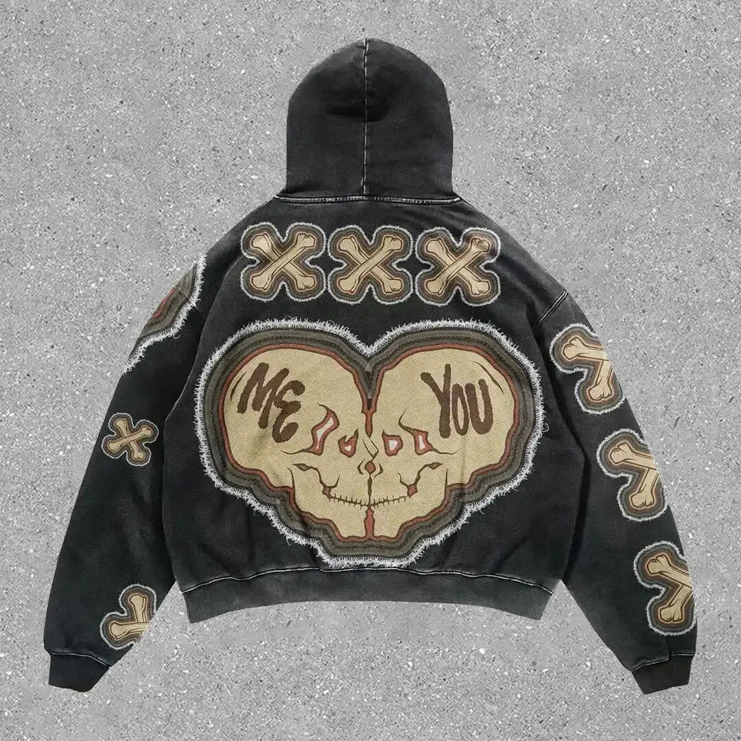 LVSANW 2024 New Fashion Skull Print Hoodies Women Graphic Y2k Top Oversized Zip Up Hoodie Couples American Streetwear Goth Women Cloth