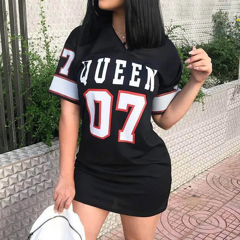 LVSANW 2024 New Fashion V-Neck Queen Letters Print Dress Short Sleeve Basketball Sporty Style Sexy Loose Female Clothing Streetwear